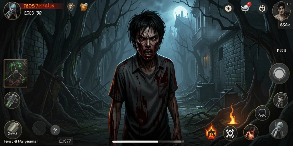 Screenshot gameplay EOS77 menampilkan suasana horor yang mencekam dan menegangkan.