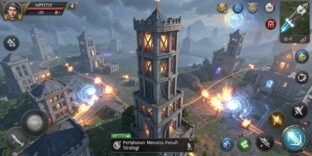 Screenshot gameplay Tower Defense di HP777 menampilkan pertempuran yang intens.