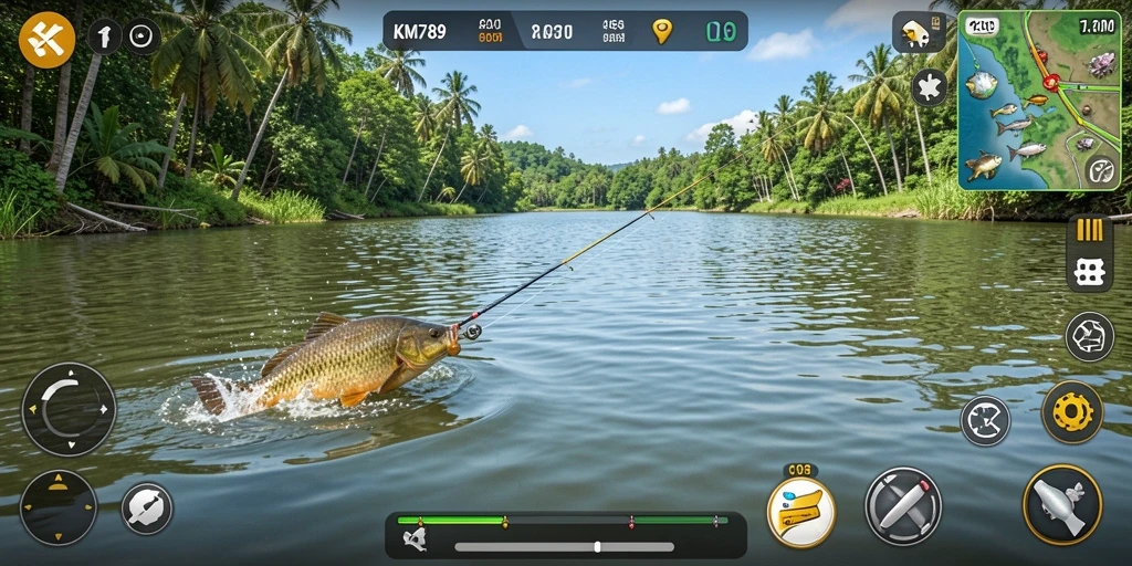 Screenshot gameplay KM789 menunjukkan momen menangkap ikan yang seru.
