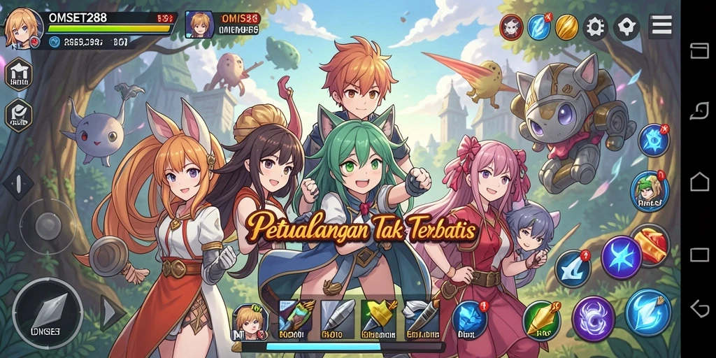 Tampilan gameplay OMSET288 yang penuh warna dan karakter menarik.